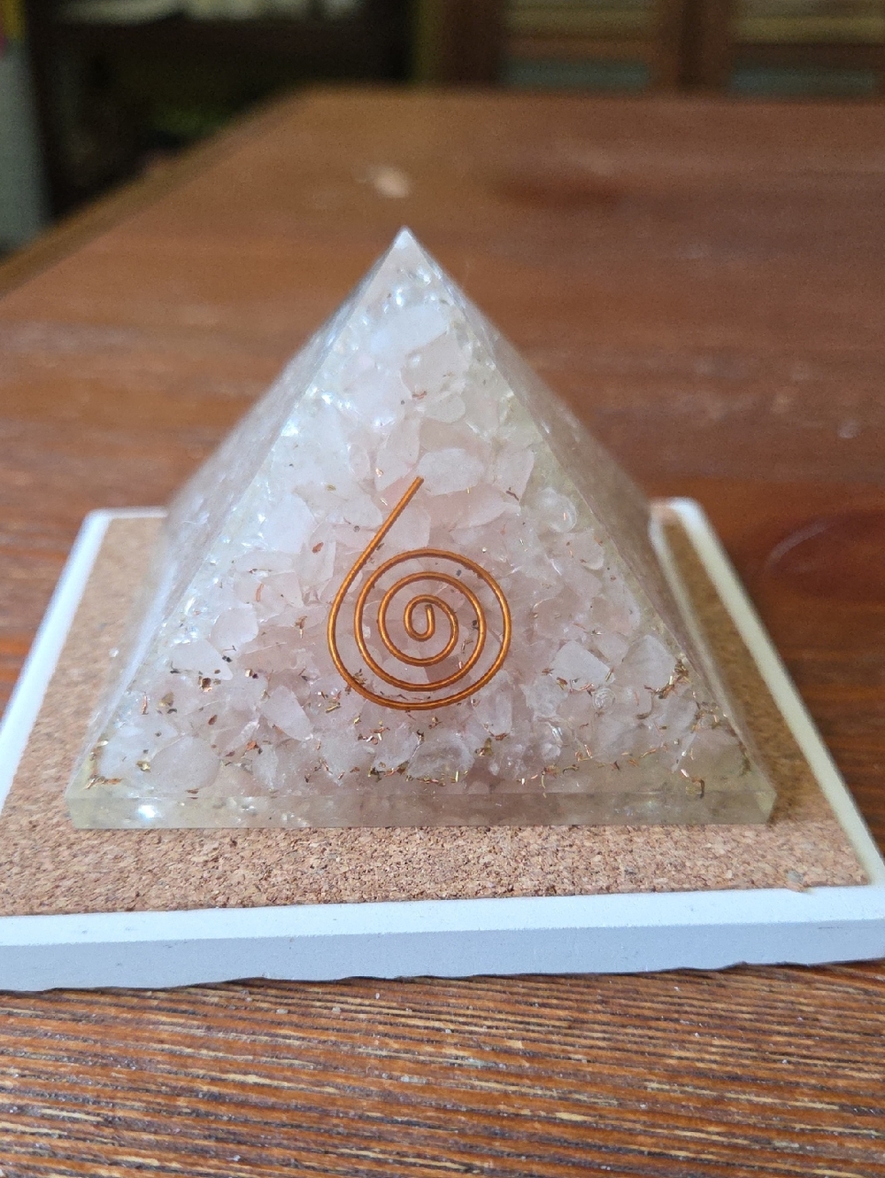 Rose Quartz Orgonite Crystal Pyramid with Copper Spiral